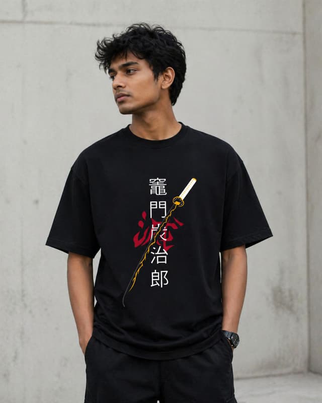 Black Drop Shoulder T-Shirt Demon Slayer Tanjiro Edition