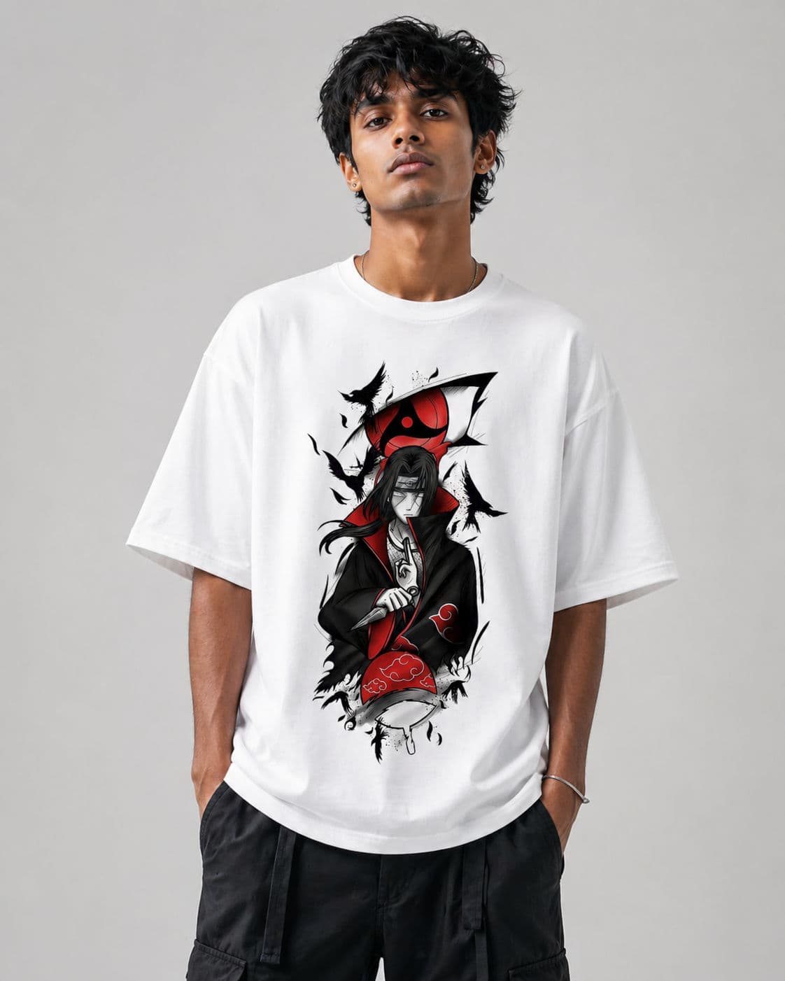 White Drop Shoulder T-Shirt Naruto Itachi Uchiha Edition