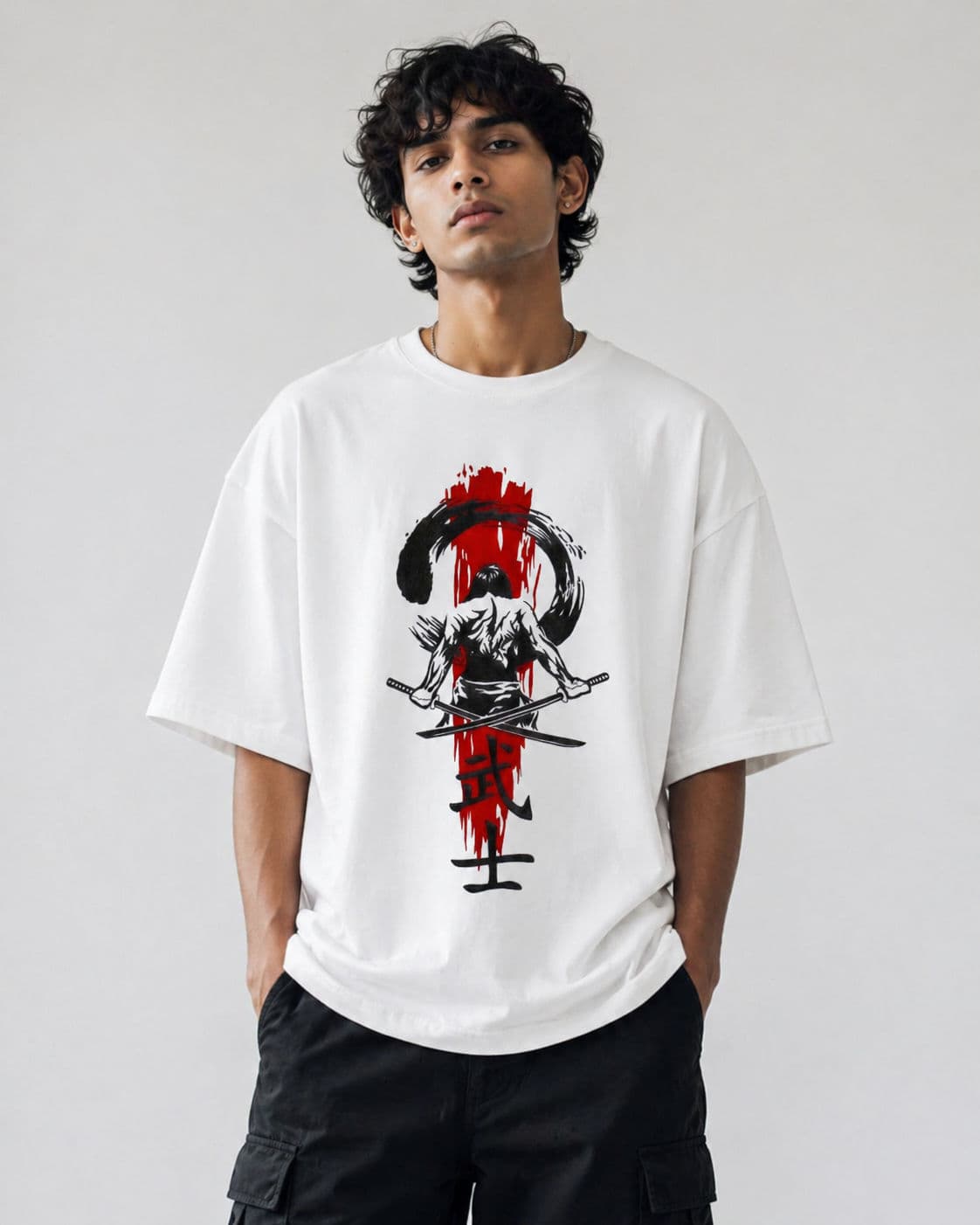 White Drop Shoulder T-Shirt Samurai Warrior Edition