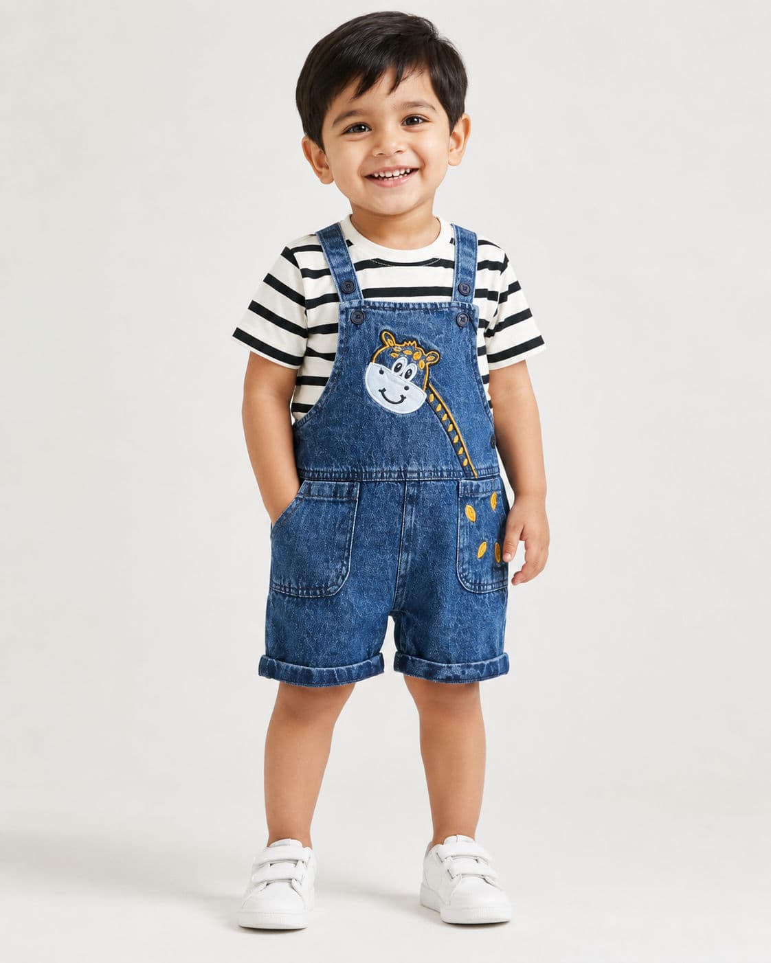 Kids Boys Denim Giraffe Patch Romper T-Shirt Set