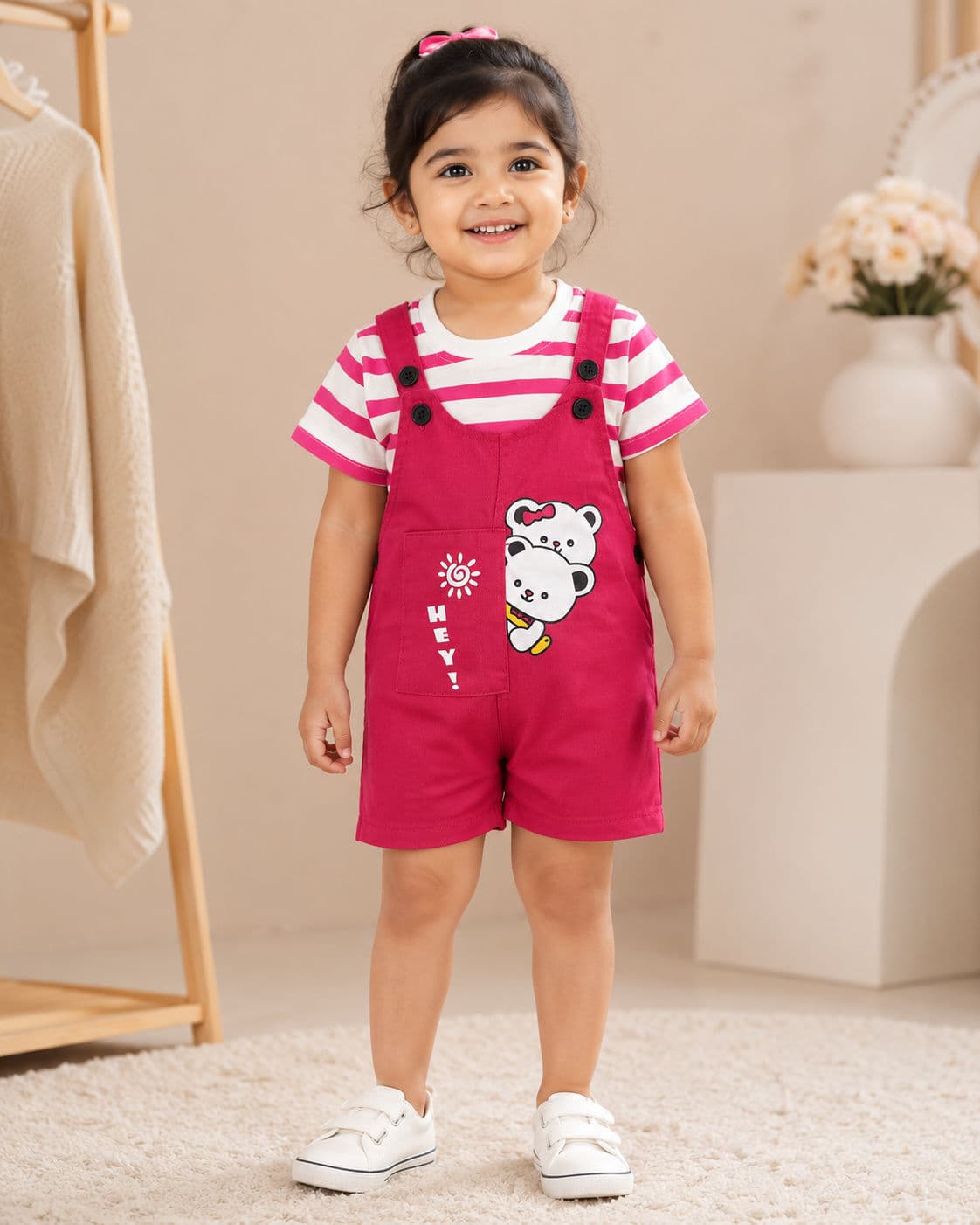 Kids Girls Red Bear Patch Romper T-Shirt Set